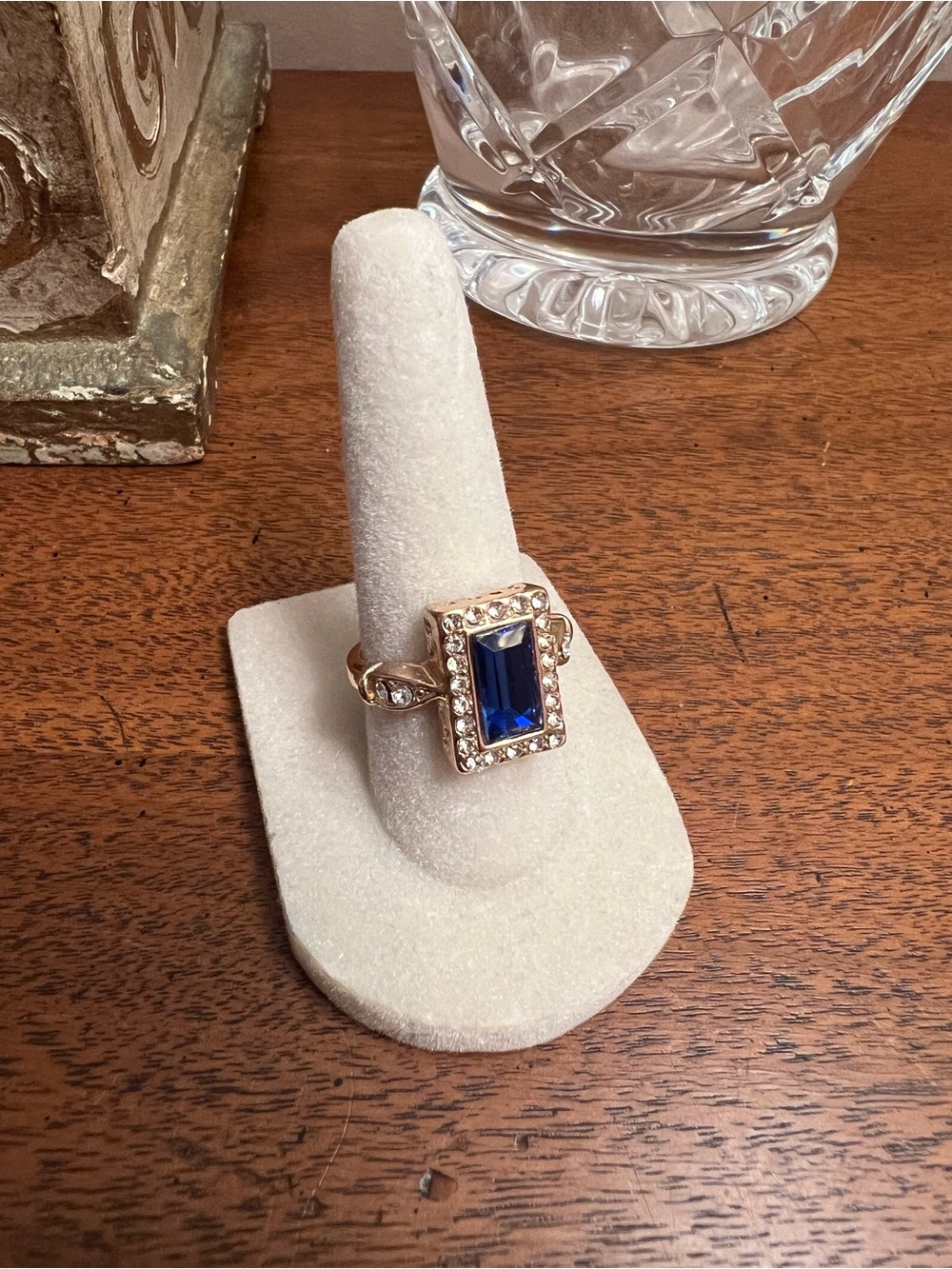 Blue Emerald-Cut Halo Ring with Gold Tone Band - Picture 5 of 6
